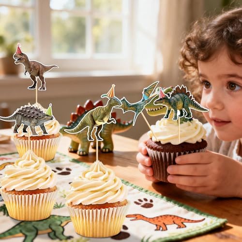 Hooqict 40Pcs Dinosaur Cupcake Toppers Dinosaur Birthday Cake Decorations Cupcake Toppers for Kids Boys Girls Dino Themed Baby Shower Birthday Party Decorations Supplies