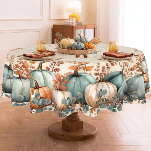 Fall Round Tablecloth 60 Inch, Stain Resistant Washable Fabric Autumn Pumpkin Table Cloth Round Fall Tablecloth Table Cover for Kitchen Dining Party