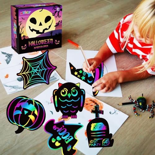 MGparty Halloween Crafts for Kids, 96PCS Rainbow Scratch Art Cards Bulk Set