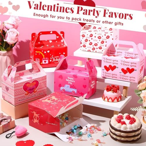 Zhanmai 36 Pack Valentines Treat Boxes with Handle Valentine Cookie Gable Container Heart Candy Goodie Box Cupcake Bakery Container Bulk for Exchange Party Favor Gift