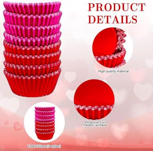 JarThenaAMCS 200Pcs Red Pink Foil Cupcake Liners Foil Metallic Baking Cups Cupcake Wrappers Muffin Liners for Valentine Christmas Birthday Wedding Party Supplies