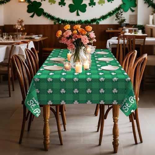 8 Pack Clover Checkered Plastic Tablecloth 54" x 108" Disposable Table Cloths Green St Patricks Day for 6 to 8 Foot Tables Cover for Parties Decorations Supplies (Clover Checkered, Rectangle)