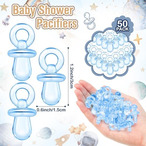 Thyle 51 Pcs Outer Space Baby Shower Games Planets Pacifier Hunt Include Galaxy Solar System Hunt Sign and 50 Acrylic Pacifiers for Astronaut Baby Shower Game over The Moon Gender Reveal Party Decor