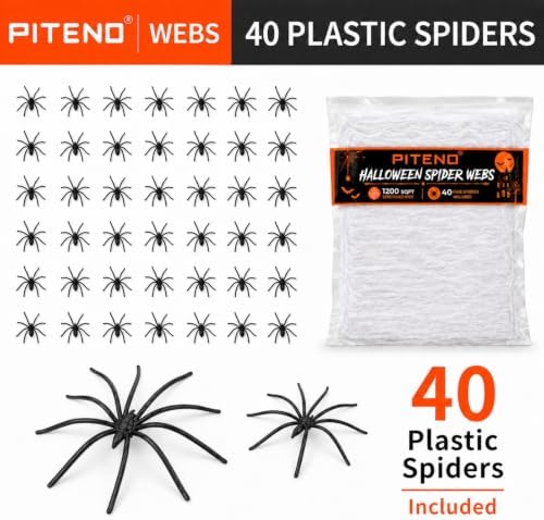 Piteno® 1200 sqft Spider Webs Halloween Decorations with 40 Fake Spiders, Stretchable Halloween Spider Webs for Indoor Outdoor Haunted House Yard Porch Party Decor (White)