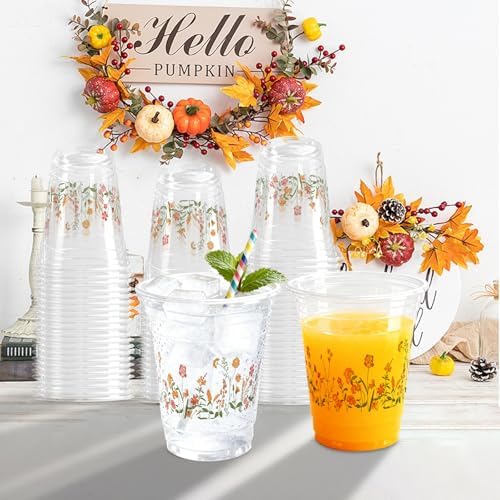 100 Pcs Fall Flower Plastic Cups 12oz Floral Wildflower Disposable Clear Cups for Autumn Birthday Fall Party Supplies
