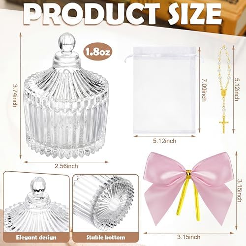 Chuangdi 12 Sets 48 Pcs Baptism Favors for Guests Crystal Candy Bowl Gifts with 12 Pcs Cross Rosary for Baptism Decorations Wedding Baby Shower Party Supplies First Communion (Pink)