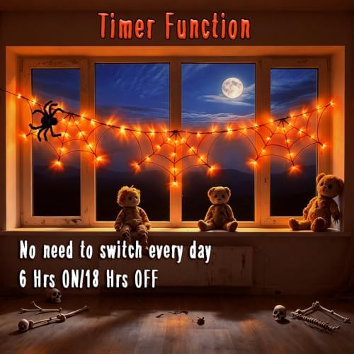 Halloween Decorations Spider Web Lights 6FT 60LED Battery Operated/USB Powered with Black Spider with Timer 8 Modes Indoor Outdoor for Halloween Decor, Orange
