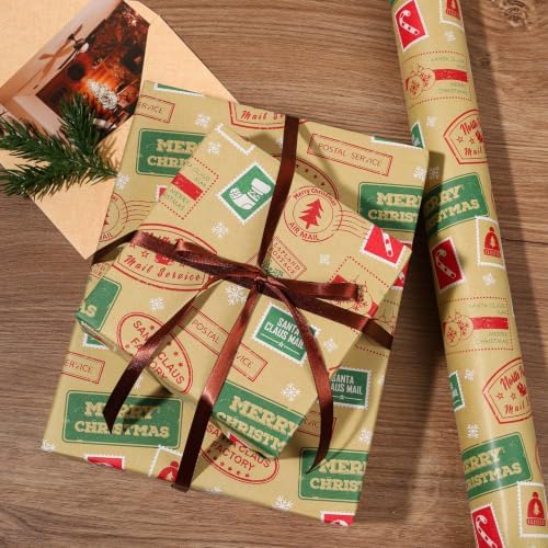 LaRibbons Kraft Christmas Wrapping Paper, Vintage Xmas Postmark Stamp