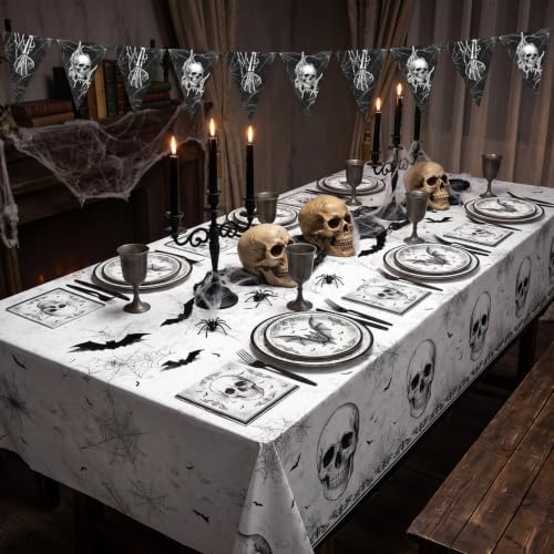 98Pcs Halloween Party Decorations-Black Skull Tableware Kit for 24