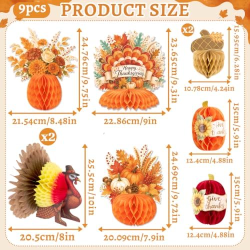 Paper Jazz Thanksgiving Honeycomb Table Decorations, Turkey and Pumpkin Centerpieces, Fall Autumn Theme Decor Set of 9, Indoor Tabletop Centerpiece for Thanksgiving Party Home Dining Table