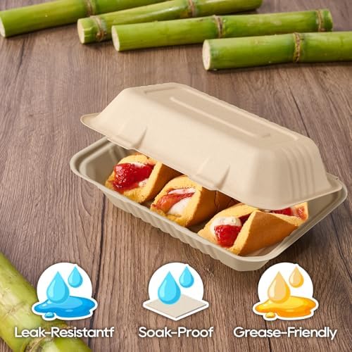 Turbo Bee 75 Pack Natural Compostable Take Out Containers, 9x6 Disposable Clamshell Food Containers with Lids, To Go Boxes for Food Truck, BBQ, Meal Prep & Catering