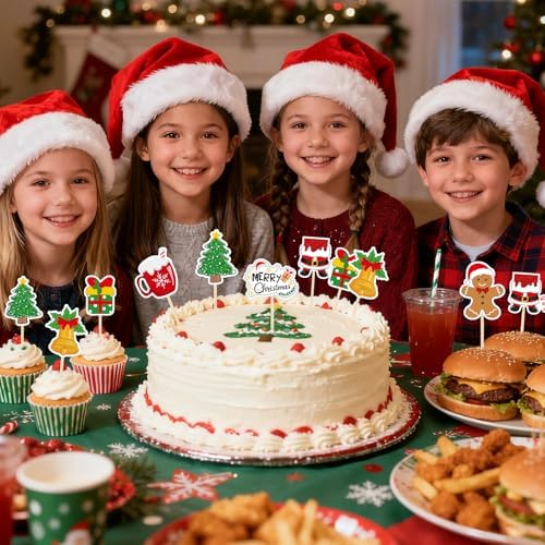 NACHLYNN 70pcs Merry Christmas Cupcake Toppers Holiday Party Fruit Cake Decoration Favors