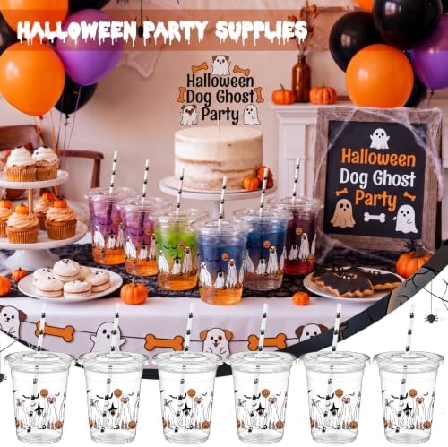 FillTouch 50 Pcs Halloween Dog Ghost Cups 16 oz with Lids Straws