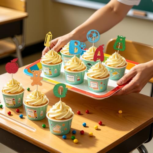 24Pcs Back to School Cupcake Toppers, Glitter First Day School Cake Decor