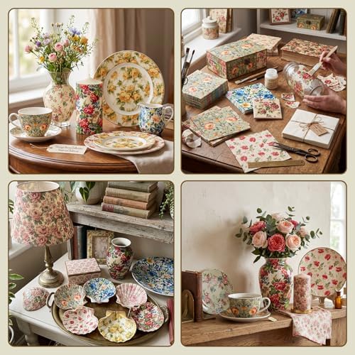 Tenceur 48 Pack 12 Style Vintage Fall Floral Napkins for Decoupage, 13 Inch