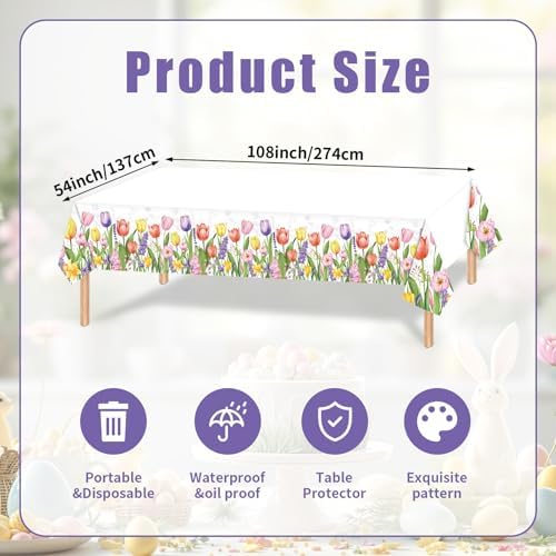 Gistome 3-Piece 54 x 108 Inch Spring Floral Plastic Tablecloth – Colorful Wildflower and Tulip Border Disposable Table Covers for Garden Parties, Baby Showers, Picnics, and Spring Celebrations