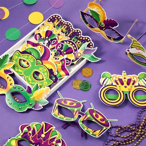 Threan 48 Pcs Mardi Gras Paper Eyeglasses Party Decor Garland Crown Mask Costume Photo Booth for New Orleans Favor Decor