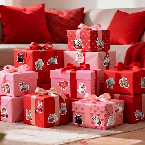 H1vojoxo Valentine’s Day Sticker Rolls - 1000PCS Valentine’s Day Holiday Cat Stickers for Kids Classroom 16 Design Valentines Cute Cat Sticker for Craft Valentines Funny Cats Stickers for Envelope