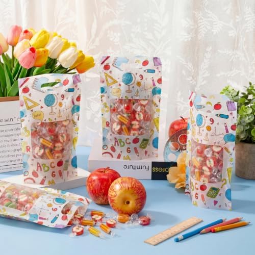 Engrowtic 50 Pcs Back to School Treat Bags Plastic Resealable Gift Bags with Handles First Day of School Goodie Pouches for Students Teacher Classroom Preschool Kindergarten Party Favors Wrapping