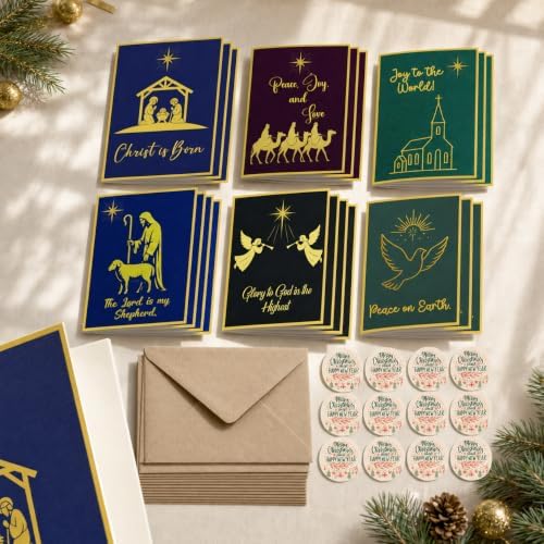 Religious Christmas Cards, 18 Folded 5x7 Glitter Cards with Envelopes