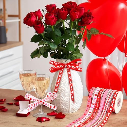 DECYOOL Valentine Ribbon, 6 Rolls 60 Yards Heart Grosgrain Craft Ribbons