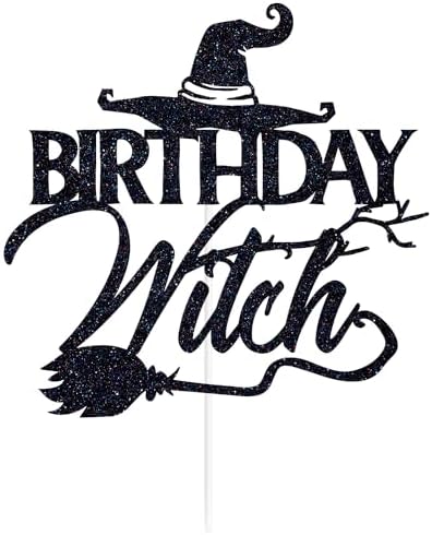 Black Glitter Birthday Witch Cake Topper, Happy Booday/Happy Halloween, Halloween Themed Birthday Party Decorations for Girls Women