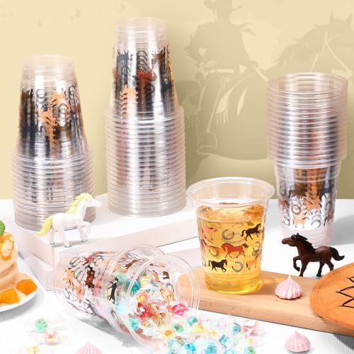 Funnymoom 60 Pack Western Horse Cups 12 oz Horse Racing Theme Disposable Clear Plastic Drinking Cups Bulk for Western Cowboy First Rodeo Farm Themed Birthday Baby Shower Party Decorations Supplies