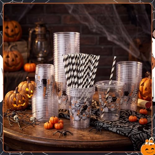 FillTouch 50 Pcs Halloween Cat Ghost Cups 16 oz with Lids Straws