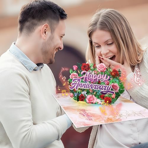 FaCraft Anniversary Card for Couple - 3D Pop Up Music & Light Valentines Wedding Anniversary Card Gifts with Envelope, Blank Insert and Seal, for Spouse Husband Wife Him Her (Flowers)