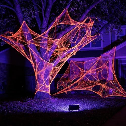 1100 Sqft Halloween Glow Orange Stretch Cobweb with Glow Spiders and Light