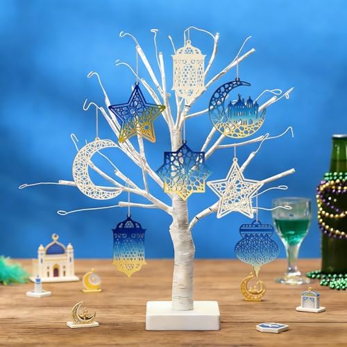 36PCS Wooden Ramadan Decorations Eid Islam Mubarak Ornaments Mubarak Hanging Hollow Pendant to Paint, DIY Blank Unfinished Wood Moon Cutouts Crafts Hanging Al Adha Star Lantern for Muslim Festive