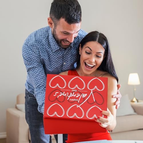 Ctosree 13.5 x 10 x 4 Inch Large Happy Valentine's Gift Box with Lid for Presents, Red Large Heart Luxury Foldable Cardboard Box for Gift Packing, Contains Card, Envelope, Ribbon, Raffia Grass