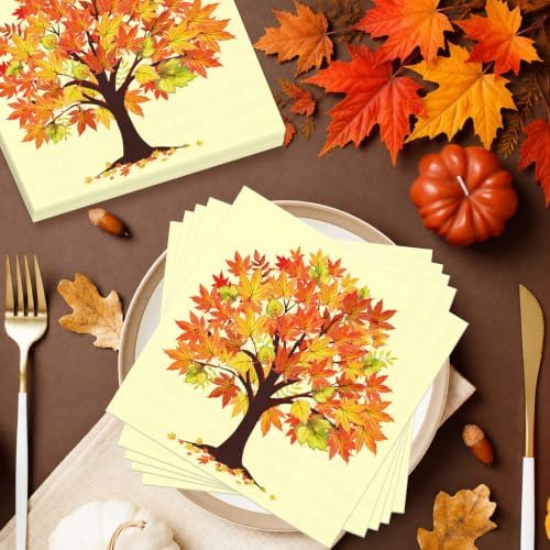 Konsait Fall Napkins - 50 Pack Maple Tree Fall Luncheon Paper Napkins, Disposable Autumn Napkins for Harvest Party Holiday & More, 6.5 x 6.5 Inches, 2-Ply