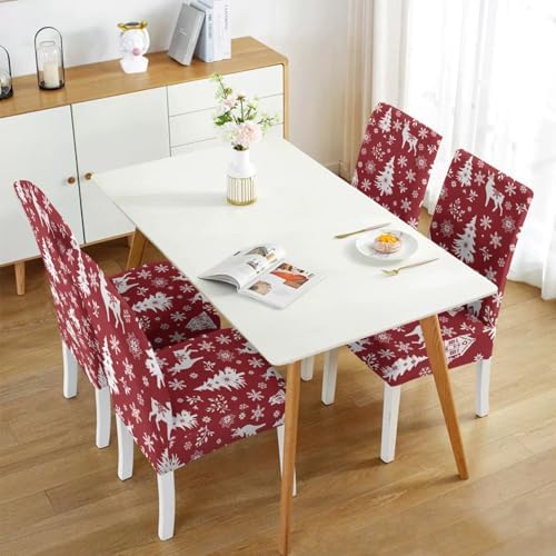 Red Christmas Chair Covers Set of 4,Winter Christmas Tree Snowflake Elk Chair Protectors,Elastic Removable Washable Dining Chair Covers for Winter Christmas Kitchen Dining Room Holiday Decor
