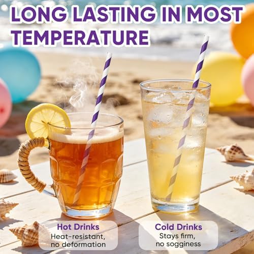 7.75" Purple Straws, Purple Striped Paper Drinking Straws, Party Straws 100