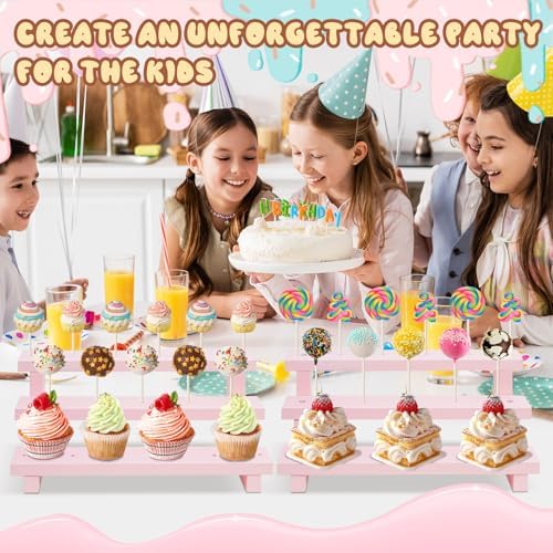 Wood Cake Pop Stands, 3 Tier Lollipop Holders with Twist Ties Lollipop Sticks, Sucker Display Riser for Dessert Table of Wedding Birthday Party (Pink-2P-17 Hole)