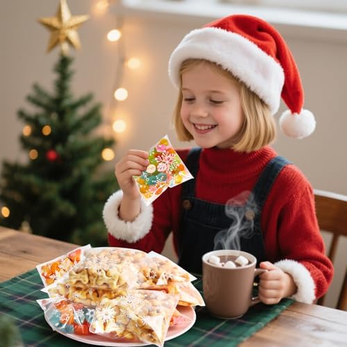 FOIMAS 300pcs Christmas Cellophane Treat Bags, Self Adhesive Snowflake Candy Cookie Bag Small Plastic Goodie Bags with Snowflake Bags for Xmas Party Favor Supply