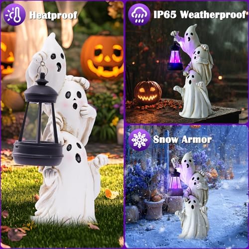 twinbling Triple Ghosts Halloween Decorations Outdoor with Solar Lantern,Cute Spooky Halloween Ghost Figurines,Ghost Decor Outside Decor for Yards Porches Gardens Lawn Party