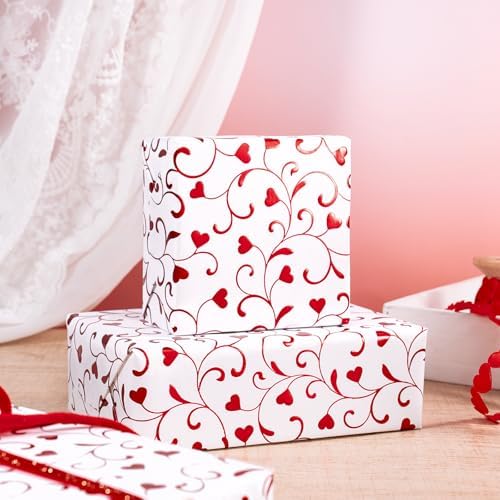 RUSPEPA Elegant Heart Wrapping Paper Roll, Mini Roll, Red Foil Heart Swirl Pattern, White Romantic Shine Gift Wrap for Valentine's Day, Wedding, Anniversary, Bridal Shower, 17 Inches x 16.4 Feet