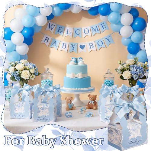 ForraFun 50 Sets Floral Wedding Favor Boxes with Pearl Pendant Bow, Blue