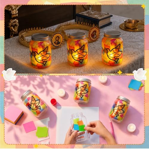 Qinyoung 12 Pcs Religion Dove Crafts Mason Jars Tissue Paper Crafts with LED Candle Light DIY Suncatchers Decoration Make Your Own VBS Mason Jars Supplies for Sunday School Projects Activity
