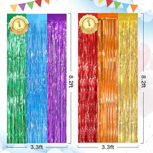 Rainbow Party Backdrop, 2Pack 3.3x8.3Ft Metallic Tinsel Foil Fringe Curtain