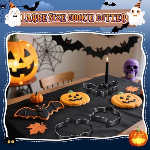 Teenyyou 3 Pcs Large Halloween Cookie Cutters Set 7.5 Inch Extra Large Pumpkin Bat Ghost Shapes Stainless Steel Metal Giant Cookie Cutters Molds for Halloween Day Baking Party Kitchen Accessories
