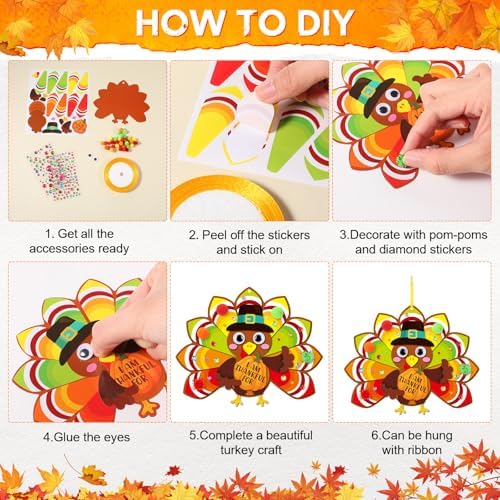 Funrous 48 Sets Thanksgiving Turkey Crafts Kit Fall DIY Hanging Ornaments