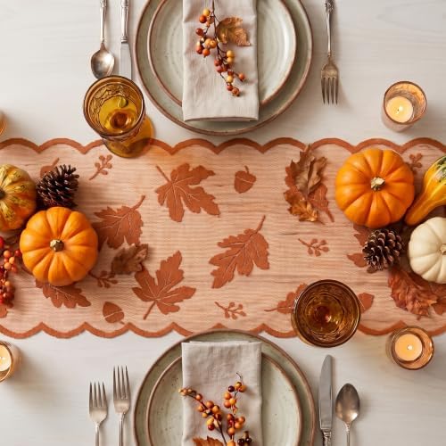 Artoid Mode Lace Jacquard Maple Leaf Fall Table Runner, Seasonal Thanksgiving Orange Kitchen Dining Table Decoration for Home Party Decor 13x72 Inch
