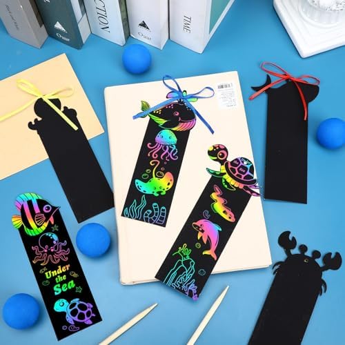 AUGSUN 96Pcs Ocean Animals Scratch Art Bookmarks Rainbow Scratch Bookmarks