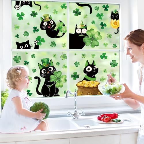 Whaline 6 Sheets St. Patrick' s Day Window Clings Black Cat Green Shamrock Clover Window Decal Reusable Anti-Collision Windows Decor for Irish Holiday Party Supplies
