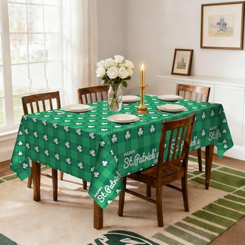 6 Pack Clover Checkered Disposable Plastic Tablecloth 54" x 108" Green Shamrock Party Table Cloths Disposable for 6 to 8 Foot Tables St Patricks Day Party Indoor or Outdoor (Clover Checkered)