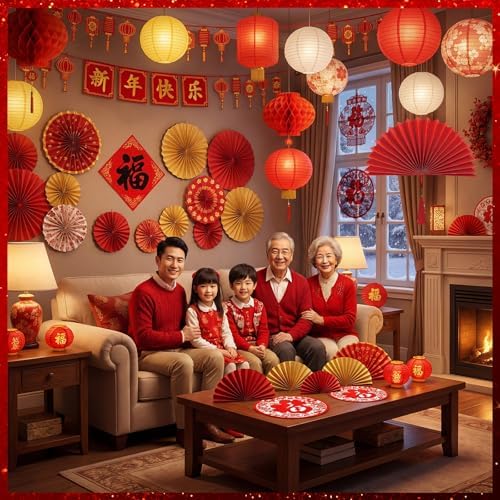 45 Pcs Chinese Lunar New Year Decorations, 2026 Year of the Horse Red Paper Fans Lanterns Lunar Horse Banner Fu Character Window Stickers Luck Hanging Ornaments Vietnamese Tet Party Supplies