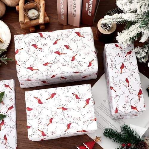 JarThenaAMCS 60 Sheets Christmas Tissue Paper Red Cardinal Bird Berry Gift Wrapping Paper Xmas DIY Art Crafts Tissue for Winter Holiday Birthday, 14 x 20 Inch